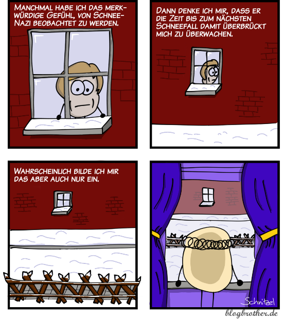 Manchmal habe ich das merkwürdige Gefühl, von Schnee-Nazi beobachtet zu werden. Dann denke ich mir, dass er die Zeit bis zum nächsten Schneefall damit überbrückt mich zu überwachen. Wahrscheinlich bilde ich mir das aber auch nur ein.