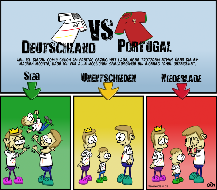 Deutschland vs. Portugal
Weil ich diesen Comic schon am Freitag gezeichnet habe, aber trotzdem etwas über die EM machen möchte, habe ich für alle möglichen Spielausgänge ein eigenes Panel gezeichnet.
Sieg Unentschieden Niederlage