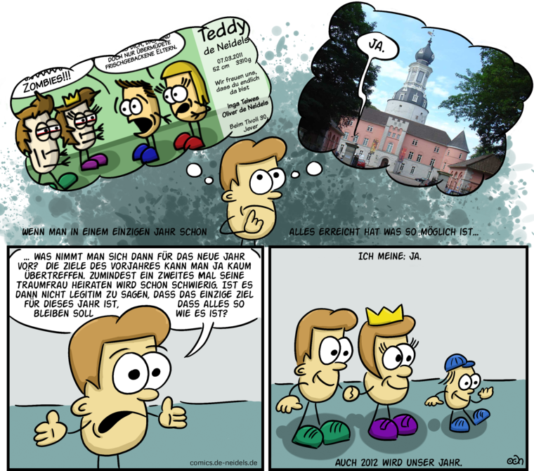 Wenn man in einem einzigen Jahr schon alles erreicht hat, was so möglich ist…
…was nimmt man sich dann für das neue Jahr vor? Die Ziele des Vorjahres kann man ja kaum übertreffen. Zumindest ein zweites Mal seine Traumfrau heiraten wird schon schwierig. Ist es dann nicht legitim zu sagen, dass das einzige Ziel für dieses Jahr ist, dass alles so bleiben soll wie es ist?
Ich meine: Ja.
Auch 2012 wird unser Jahr.